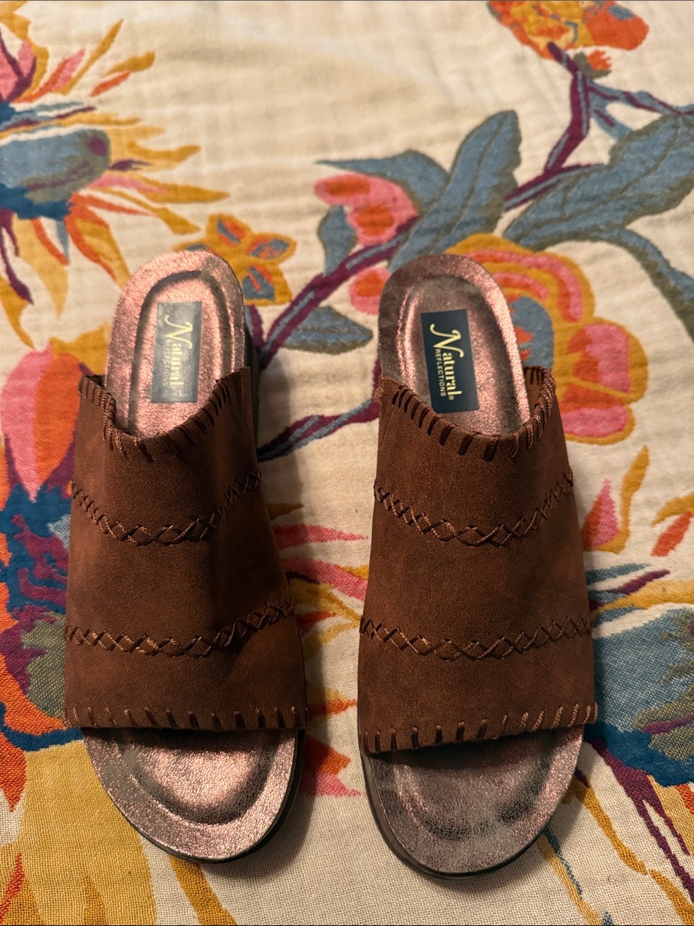 Natural Reflections Brown Suede Slip-On Mule with Whipstitch Trim
